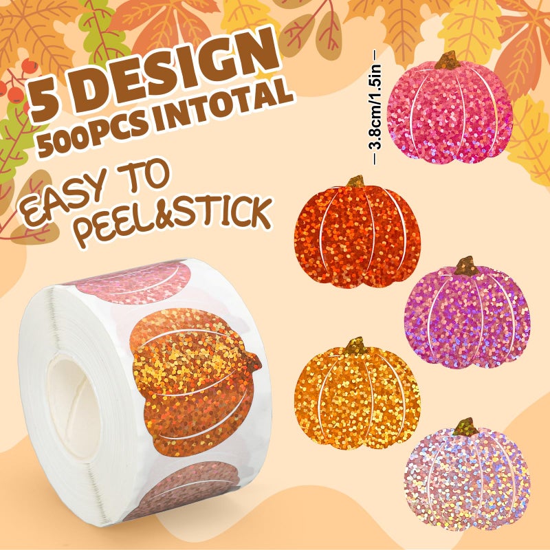 Whaline Fall Thanksgiving Pumpkin Stickers Roll Laser Pink Orange Pumpkin Shape Seal Stickers Waterproof Self-Adhesive Decals for Envelope Scrapbook Autumn Party Supplies, 500 Pcs - Image 2